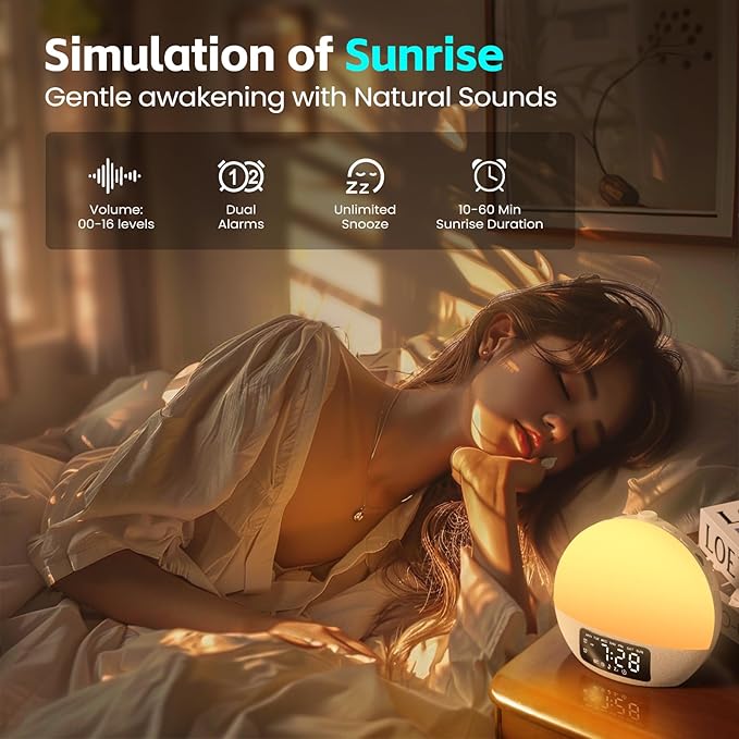 Sunrise Alarm Clock White Noise Sound Machine with 25 Soothing Sounds, 17 Night Lights, Bluetooth Speaker Wake Up Light Alarm Clock for Bedrooms, Heavy Sleepers, Baby, Kids