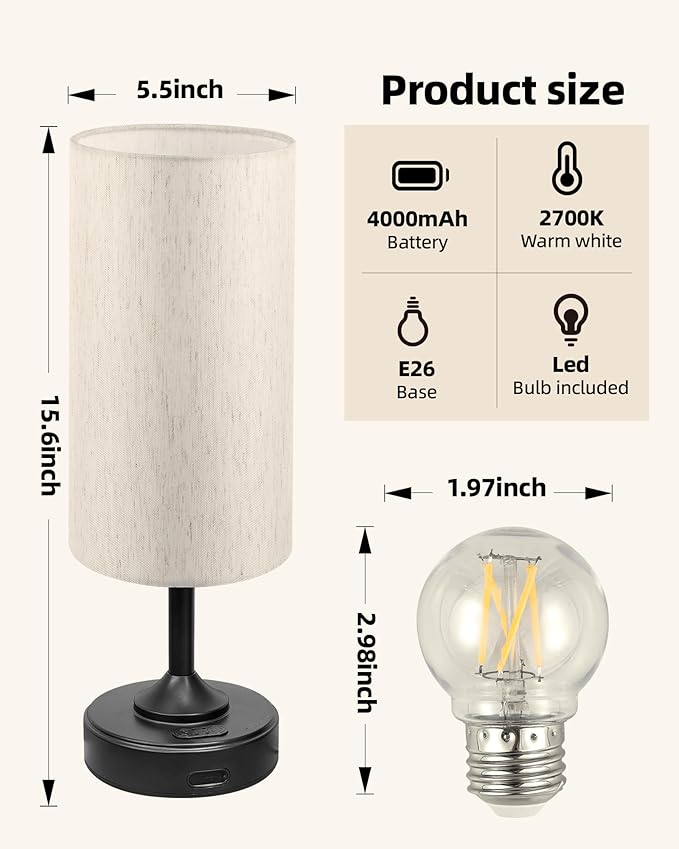 Wireless Lamp, 2-Pack, Dimmable, 2700K, Timer, Touch Control, Portable, LED, Battery Operated, Rechargeable, Cordless, Desk Lamp, Kitchen Lamp, Fabric Shade, for Dining Room, Bedroom, Living Room