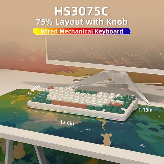 75% Retro Green Wired Hot Swappable Mechanical Keyboard with Metal Knob | Mount Gasket | Programmable RGB Backlit & Adjustable Side Light (KTT Brown Switch)