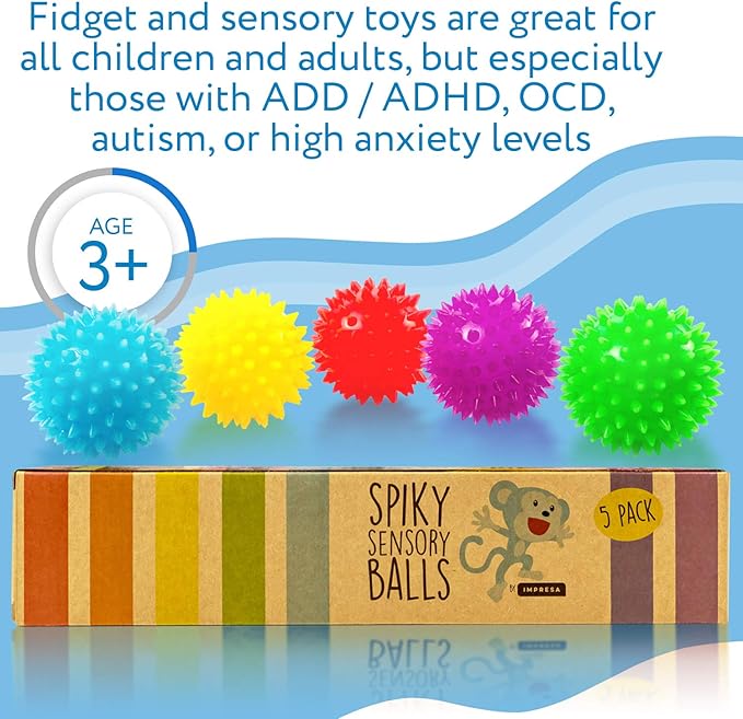 IMPRESA Spiky Balls for Kids & Adults - 5 Pack of Multicolor Fidget Toys - Squeeze Balls for Kids and Adults with ADHD and Autism, BPA, Phthalate, and Latex-Free
