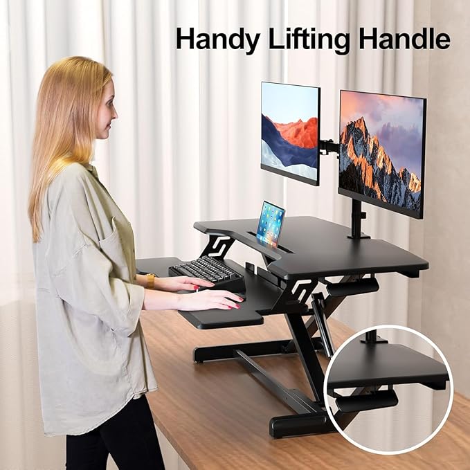 Standing Desk Converter 32 inch, Height Adjustable Sit Stand Desk Riser, Quick Sit to Stand Tabletop Dual Monitor Riser Workstation for Home Office with Keyboard Tray, Black