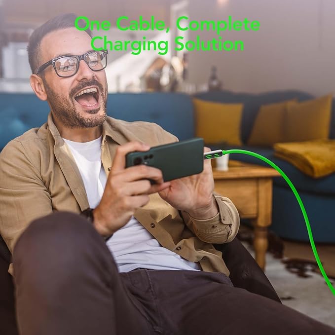 MFish 4-in-1 Universal USB Charging Cable with Carrying Case – 240W Max Fast Charger Cord, USB-A, Dual USB-C & Lighting, for iPhone 14/15/16/17 Series, iPad & MacBook and More (Green, 6.6Ft)