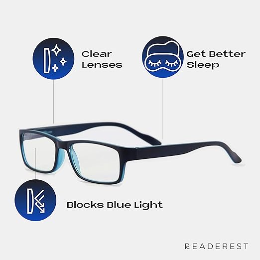 Readerest 0.25 Blue Light Reading Glasses - Lightweight Computer Glasses - Eye Strain, UV Glare Protection (Black+Blue)