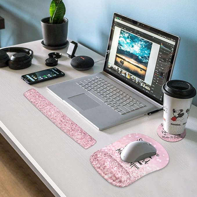 HAOCOO Pink Mouse Pad Support, Keyboard Wrist Rest, Gel Wrist Rest for Computer and Mouse Pad Set, Anti-Slip Base, Keyboard Pad with Coaster for Office Home Women, Stay Positive