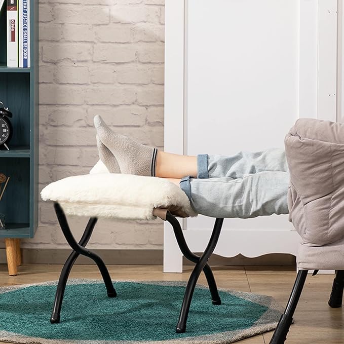 HollyHOME 15"(H) Folding Footrest Stool, Upholstered Small Foldable Ottoman, Accent Padded Sofa Foot Stool for Lazy Chair, Metal Frame Portable Foot Rest Ottoman for Home, Living Room, Bedroom, Beige