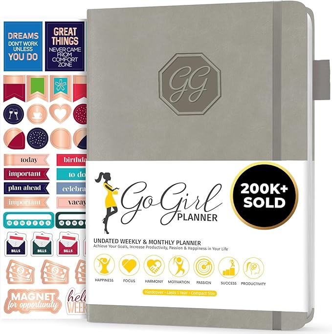 GoGirl Planner and Organizer for Women – Compact Size Weekly Planner, Goals Journal & Agenda to Improve Time Management, Productivity & Live Happier. Undated – Start Anytime, Lasts 1 Year – Gray