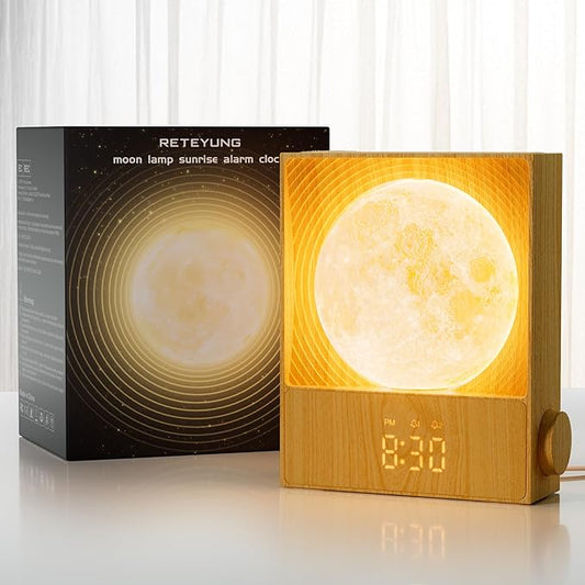 Sunrise Alarm Clocks for Heavy Sleepers,Rotatable Moon Light with Gentle Wake-Up,Clock Night Lamp for Bedrooms - Snooze,10 Light Effects,10 Nature Sounds,15 Ringtones for Adults,Kids,Nursery