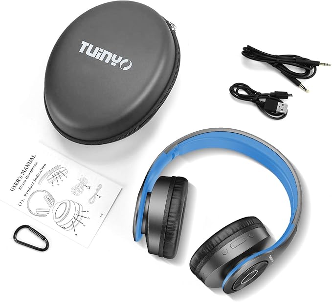 TUINYO Bluetooth Headphones Wireless, Over Ear Stereo Wireless Headset 40H Playtime with deep bass, Soft Memory-Protein Earmuffs, Built-in Mic Wired Mode PC/Cell Phones/TV-Black/Blue …