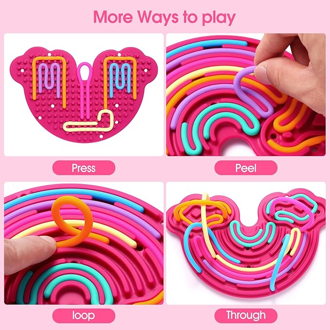 Sensory Activity Board Silicone Fidget Toy, Double-Sided Rainbow Sensory Toys for Autism, Stress, Anxiety, ADHD, Kids 3+& Adults, Includes Travel Bag & 12 Strings, Red