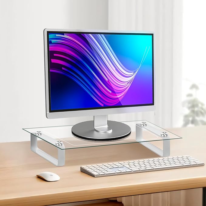 Glass Monitor Stand for Desk, 22Lx8Wx3.5H Inches, Clear Computer Monitor Riser, Large Monitor Stand for Laptop, Desk Organization, Office Supplies