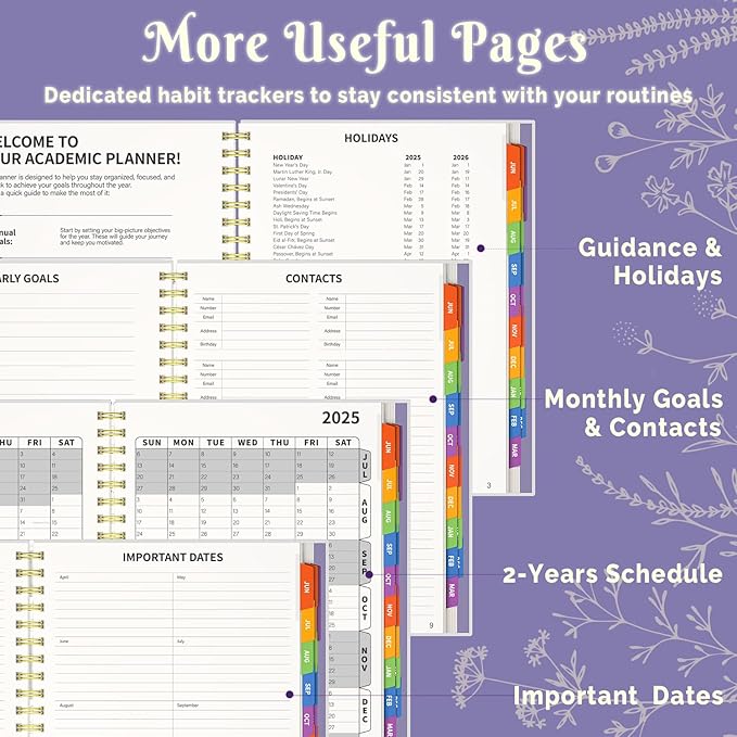 Jun 2025-Dec 2026 Academic Monthly Weekly Daily Planner for School, 19 Months Calendar 25-26 Planning Book with Colorful Tabs, 8.5" x 11" Mid Year College Organizer for Student Teacher (Lavender Purple)