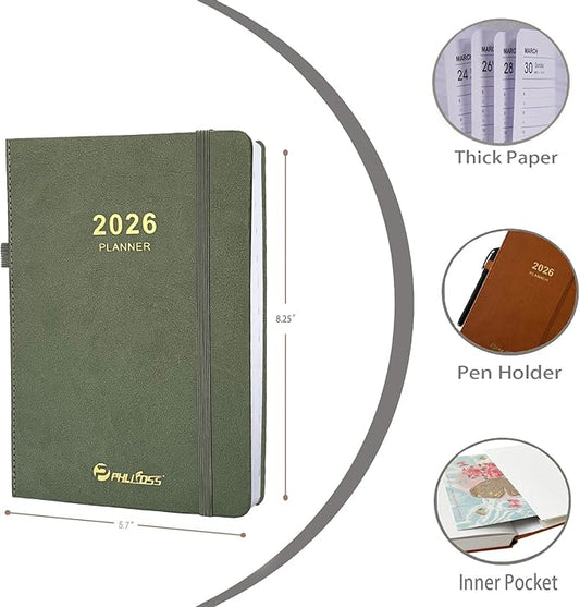 2026 Daily Planner/Calendar, One Page Per Day, Daily Monthly Agenda Planner with Time Slots and Monthly Tabs, Jan - Dec 2026, 5.7" x 8.25" Appointment Book, Pen Holder, Leather Cover (2026-Green)