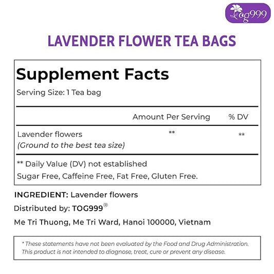 TOG999, Premium 60 Lavender Flower Tea Bags, 100% Natural & Pure from Lavender Flowers. Loose Flower Lavender Herbal Tea. Lavender Flower Tea. No Sugar, No Caffeine, No Gluten, Vegan.