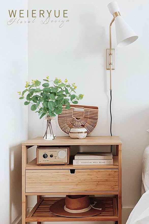 Artificial Eucalyptus Stems in Glass Vase with Faux Water,Artificial Plants Eucalyptus Leaves for Shelf Desk Bathroom Farmhouse Room Coffee Table Home Decor, Central Decoration.