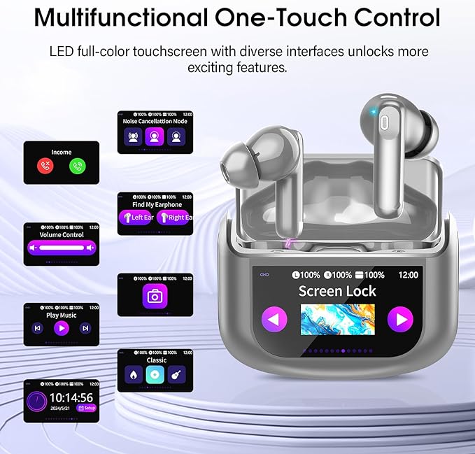 Wireless Earbuds, Bluetooth 5.4 Headphones Multi-Function Touch Screen with 5 EQ Modes, 48H Ear Buds Bass Stereo with ANC Noise Cancelling/Transparency Mode, IPX7 Bluetooth Earbuds, Grey