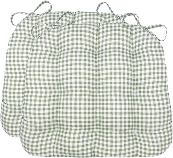 Barnett Home Decor Dining Chair Cushions with Ties, 16.5 x 18, Pack of 2 – Madrid Sage Green Gingham Check – 100% Cotton, Latex Foam Fill, Made in USA