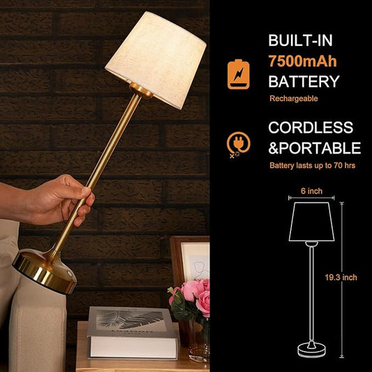 YAYZA! Cordless Table Lamp Adjustable Height Desk lamp, Fabric Shade 7500mAh Rechargeable LED Wireless Touch Night Light Stepless Dimming, 3 Color Temperatures with Edison Bulb (High Gold - 2 Pack)