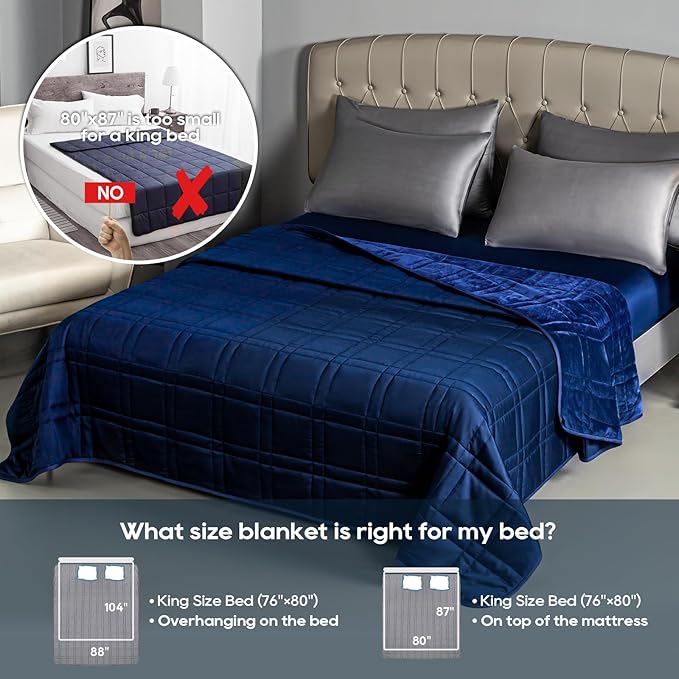King Size Weighted Blanket 45lb(88''x104'', Dual-Sided), Cozy Warm Velvet & Cooling Tencel Fabric Reversible King Weighted Blanket for Adults & Couples All Season Use - Carry Bag Included, Navy Blue
