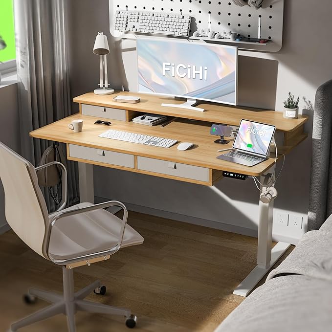 Adjustable Height Standing Desk with 4 Drawers,55 x 30 inches Electric Sit Stand Home Office Desk with Two Tiers, 3 Memory Presets, Monitor Stand Riser, USB A/C Charging Port