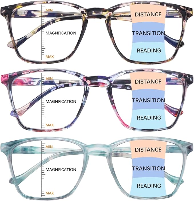 3 Pack Progressive Multifocal Reading Glasses Blue Light Blocking Spring Hinge Fashion Print Eyeglasses for women