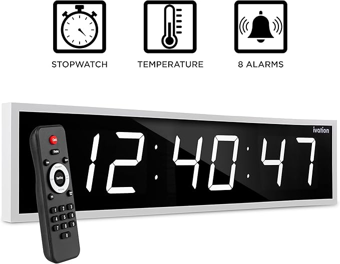Ivation Huge Oversized 48" Large Digital LED Clock | Big Digital Clock w/Multi-Function Display – Stopwatch, Timer, Alarms, Temp & Date | 6 Brightness Levels, Time Memory & Remote (White)