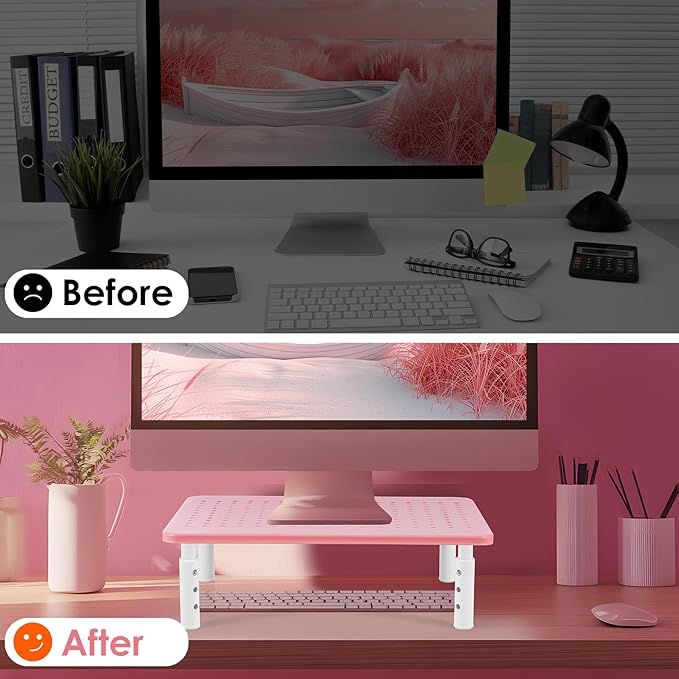 Monitor Riser Desktop Stand, Flat Screen TV Monitor Stand Riser, Sturdy Metal Laptop Computer Monitor Stand Shelf for Printer, iMac, 3 Height Adjustable PC Stand with Mesh Platform