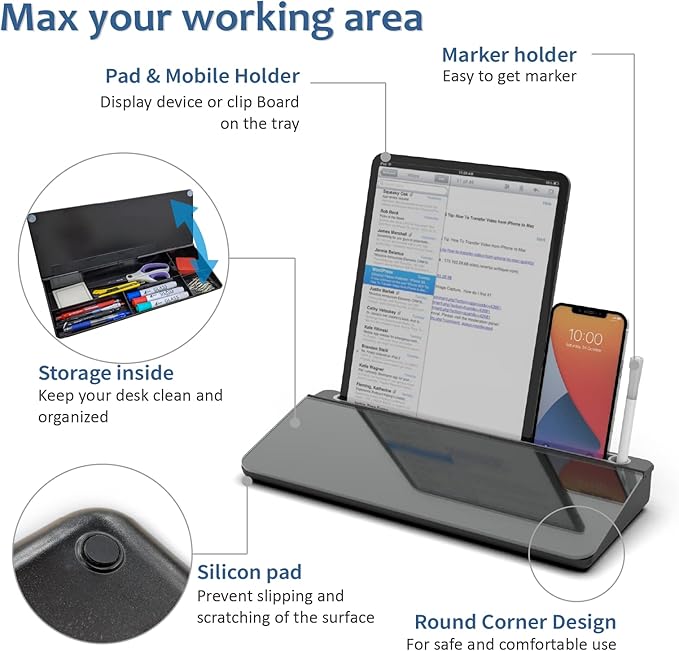Audio-Visual Direct - Glass Desktop Computer Keyboard Whiteboard Notepad Set, Black (Includes Neon Marker, Eraser & Sticky Notes)