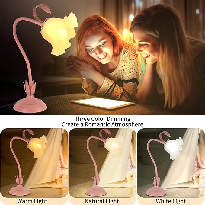 Cute Flower Desk Lamp, 3 Color Temperature Table Lamps with LED Bulb, Vintage Bedside Lamp, Reading Lamps with Soft Light for Bedroom, Living Room（Pink）