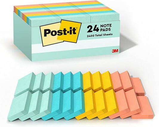 Post-it Notes, 1.5x2 in, 24 Pads, America's #1 Favorite Sticky Notes, Beachside Café Collection, Pastel Colors, Clean Removal, Recyclable