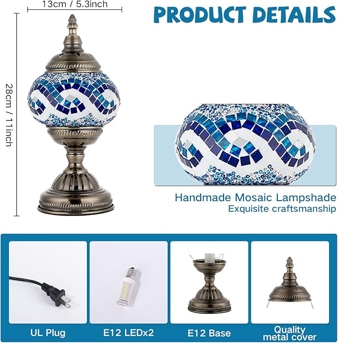 Turkish Moroccan Table Lamp Lantern with Handmade Mosaic Glass Lampshade Tiffany Style Bohemian Stained Glass Decorative Desk Lamps Bedside Night Lights for Bedroom (White Multiple Blues)