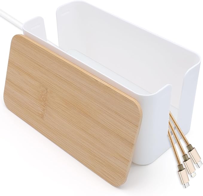 Cable Tidy Box White Cable Box with Bamboo Lid Cable Organiser Cable Management Box for Hiding Cables and Plugs