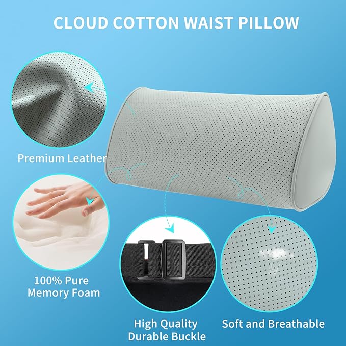 Lumbar Support Pillow for Car Seat and Office Chair, Gaming Chair, Ergonomic Memory Foam Back Cushion Lower Back Pain Relief, Luxury Leather Back Support Pillow, Gray, 1 Pack