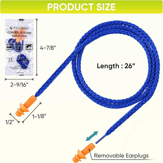 TICONN 48 Pairs Reusable Silicone Ear Plugs for Sleeping Noise Cancelling, 25dB NRR Corded Earplugs for Study Concentration Travel (48 Pairs)