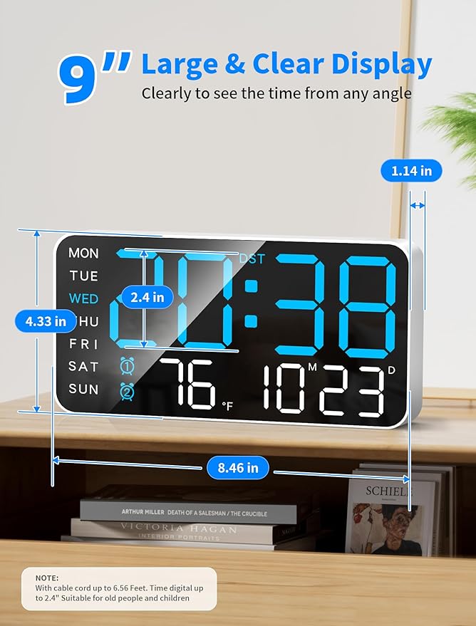 MASHI 8.4''Large Digital Wall Clock, Led Alarm Clock with Big Digits, Date, Temperature, DST, Modern Decor Design for Desk,5-Level Brightness for Room, Bedroom, Gift, Yougster and Elderly