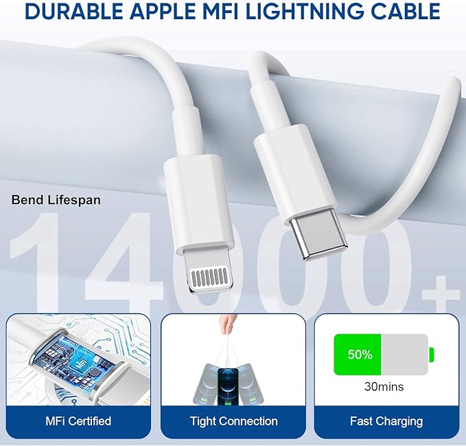 3 Pack Fast Charger iPhone,【Apple MFi Certified】6FT iPhone Charger Fast Charging USB C Block Wall Adapter 6 Foot Type C to Lightning Cable for iPhone 14 Pro Max/14 Plus/13 Pro/12/12Pro/11/XS/X,AirPods