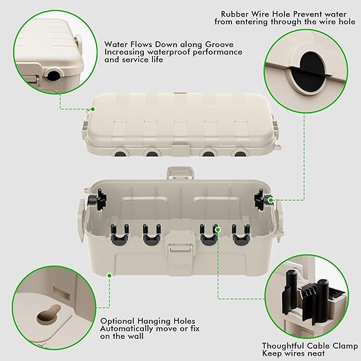 RESTMO Outdoor Electrical Box, IP54 Weatherproof Extension Cord Cover with 6 Cable Entry Ports, Waterproof Connection Box Protect Power Strip, Timer, Plug, Holiday Lights, (11.5x5.2x4 inch), Almond