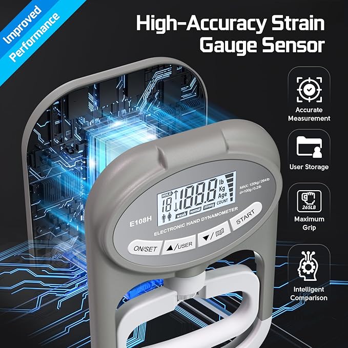 Grip Strength Tester Hand Dynamometer - Grip Strength Trainer Electronic Hand Gripper Strengthener Wrist Exerciser Meter Digital Training Gauge 265 Lbs / 120 Kgs for Sport School Home Use