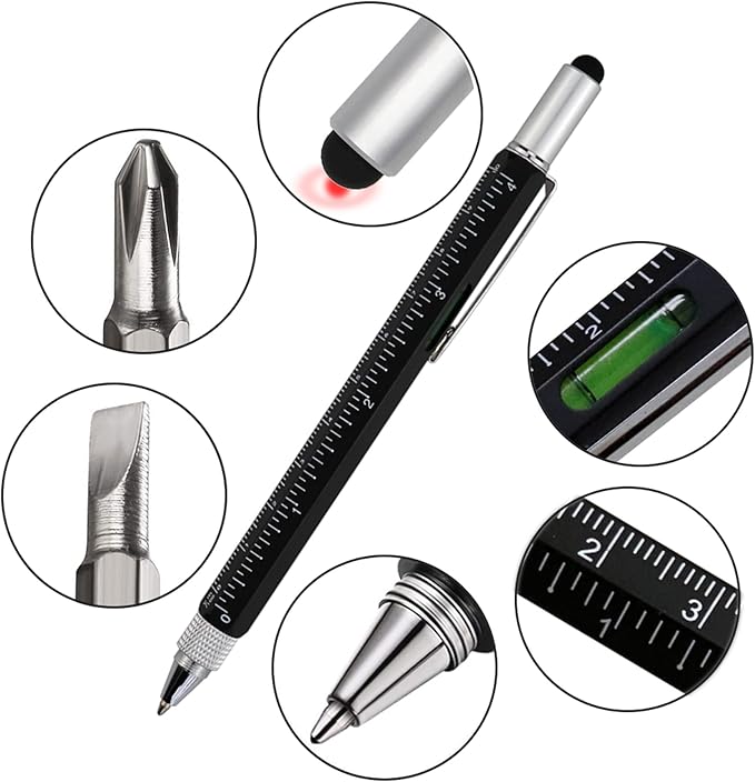 HeTaoCat Gifts Multi Tech Tool - 6 in 1 Stylus Pen with Screwdriver, Ruler, Level Gauge, Black Ink (Black)