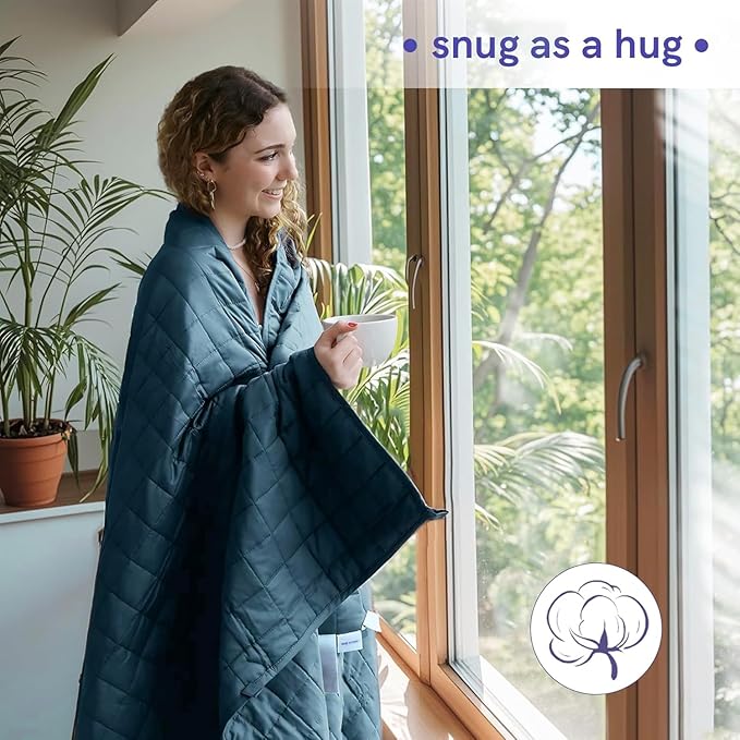 YnM Exclusive Weighted Blanket, Soothing Organic Long Stapled Cotton, Bed Blanket for One Person of 140lbs, Ideal for Queen/King Bed (60x80 Inches, 15 Pounds, Peacock/Grey Reversible)
