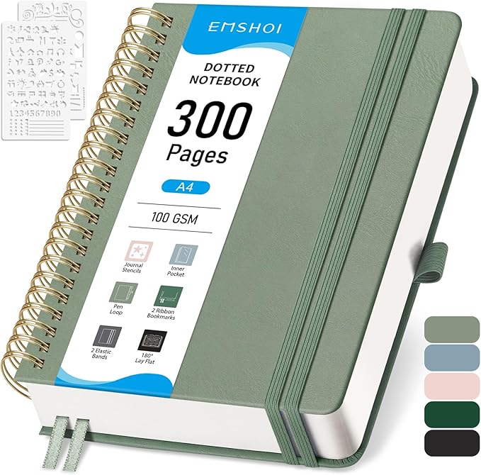 EMSHOI Bullet Dotted Journal Spiral Notebook - 300 Pages, A4 Hardcover Leather, 100 GSM Thick Dot Grid Notebook for Women Men Work Writing, Bullet Journaling, Drawing, 8.27" x 11.2", Light Green