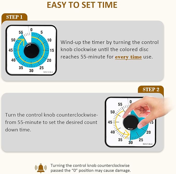 Secura 60-Minute Visual Countdown Timer, 7.5-Inch Oversize Classroom Visual Timer for Kids and Adults, Durable Mechanical Kitchen Timer Clock with Magnetic Backing (Blue)