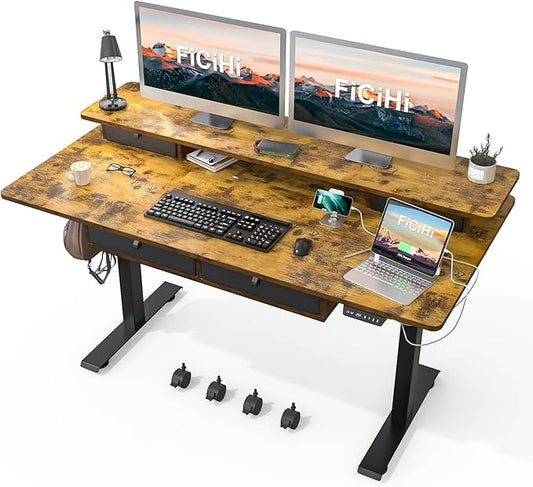 Adjustable Height Standing Desk with 4 Drawers & Wheels,63 x 30 inches Electric Sit Stand Home Office Desk with Two Tiers, 3 Memory Presets, Monitor Stand Riser, USB A/C Charging Port