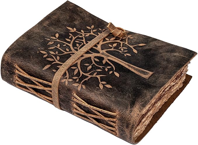 LEATHER VILLAGE Tree of Life Journal - 13 X 8 inches - Rustic Brown - 200 Antique Deckle Edge Handmade Paper – Book of Shadows - Vintage Leather Bound Journal for Women & Men