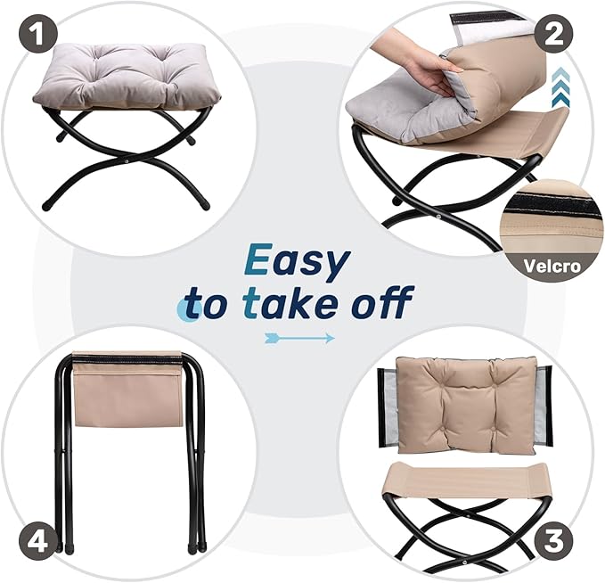 HollyHOME 15"(H) Folding Footrest Stool, Upholstered Small Foldable Ottoman, Accent Padded Sofa Foot Stool for Lazy Chair, Metal Frame Portable Foot Rest Ottoman for Home, Living Room, Bedroom, Grey