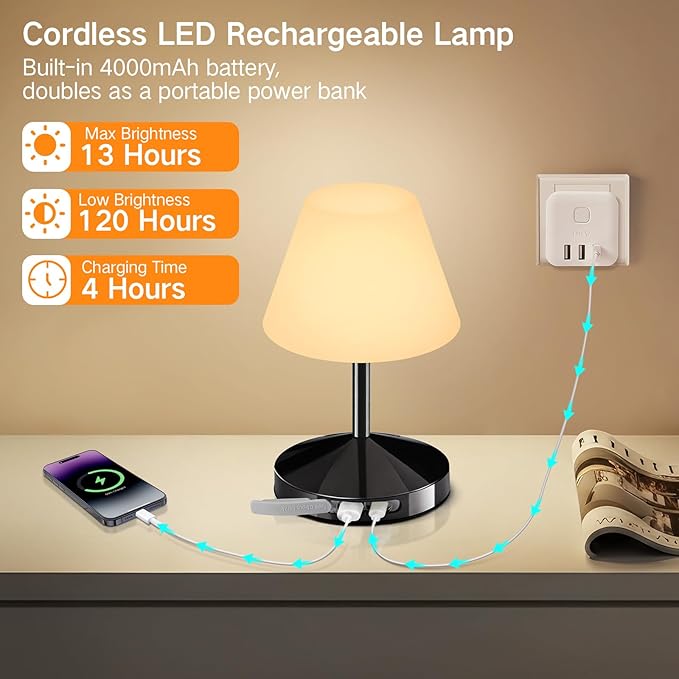 OUTON Rechargeable LED Shower & Table Lamp, Waterproof, USB Output, Stepless Dimming, 3 Colors, Power Indicator, Memory Function, Battery Operated Light for Home, Bathroom, Patio & Outdoor (Black)