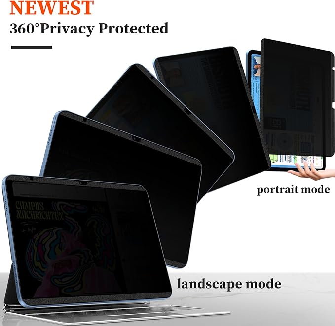 Upgraded 360° Magnetic Privacy Screen Protector for iPad 10th generation (2022) / 11th generation (2025) (Landscape+Portrait Privacy), Removable 4-Way Anti Spy Screen Film, Anti Glare Blue Light Filter, High Sensitive Bubble Free Screen