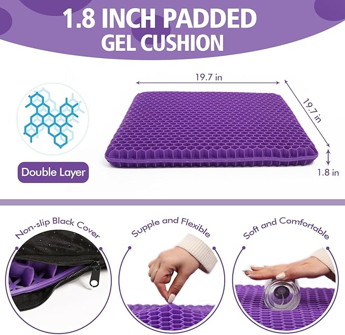 Purple Gel Seat Cushion, 19.7" Extra Large Double Thick Chair Cushions for Office Chair, Wheelchair, Car Seat, Couch, Stadium Seat Cushion for Tailbone Pain Relief, Cooling & Breathable Seat Cushions