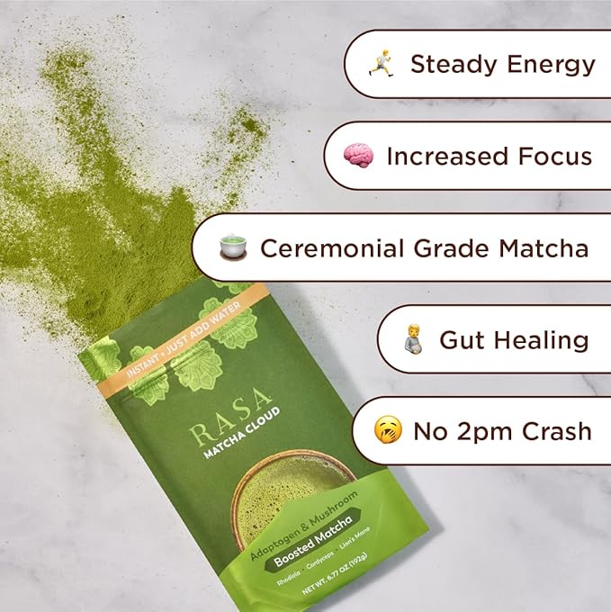 Rasa Matcha – Adaptogenic Mushroom-Boosted Matcha | Vegan, Keto, Ayurveda Wellness Tonic with Lion's Mane + Rhodiola (6 oz / 24 Servings)