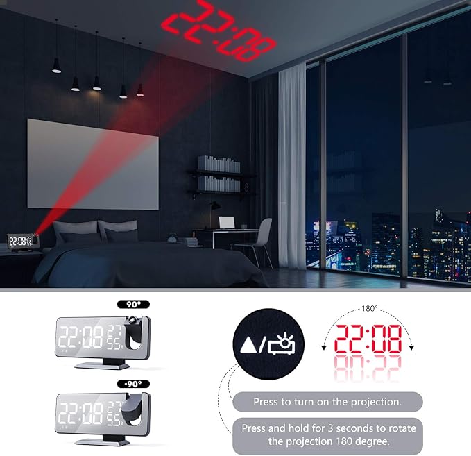 Projection Alarm Clock for Bedroom, Digital Alarm Clock with USB Charger, 7.4" Large LED Mirror Display Radio Alarm Clock, Dual Smart Alarm with Projection on Ceiling, Black