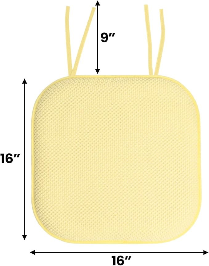 Sweet Home Collection Chair Cushion Memory Foam Pads with Ties Honeycomb Pattern Slip Non Skid Rubber Back Rounded Square 16" x 16" Seat Cover, 4 Pack, Yellow
